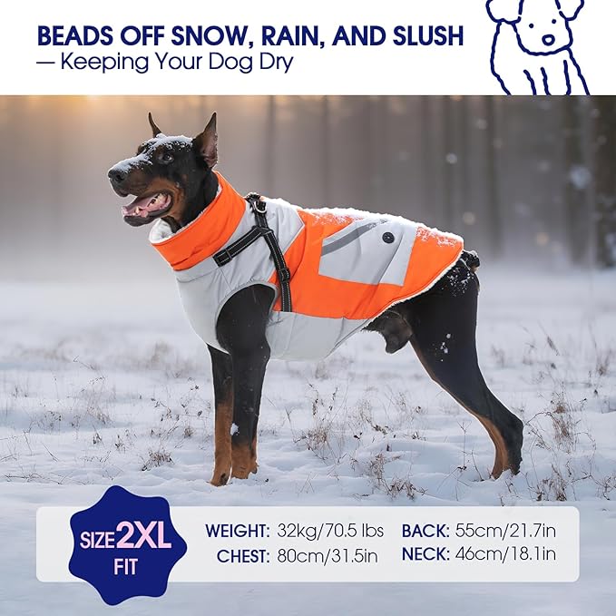 FUAMEY Dog Winter Jackets for Large Dogs,Dog Coat with Harness Built in,Waterproof Dogs Snowsuits Warm Pet Jacket Zip Up Fleece Cold Weather Coats Reflective Safety Pets Hunting Vest Orange XL