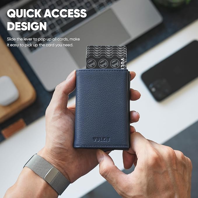 VULKIT Pop up Wallet Minimalist Cash Wallets RFID Blocking Leather Smart Credit Card Holder with Magnetic Closure for Men