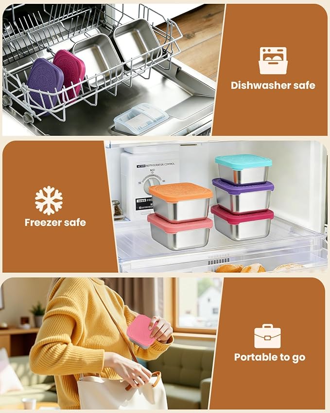 JUJOJB 12Pack Stainless Steel Snack Containers with Lids, Small 6oz & 2oz Leak Proof Metal Food Storage Containers, Bento Box Meal prep Containers, Easy Open Stackable Lunch Box for Adults LIttle One
