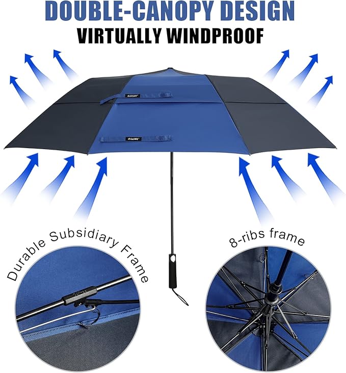 G4Free 62inch Portable Golf Umbrella Automatic Open Large Oversize Vented Double Canopy Windproof Waterproof Sport Umbrellas(Blue/Navy)