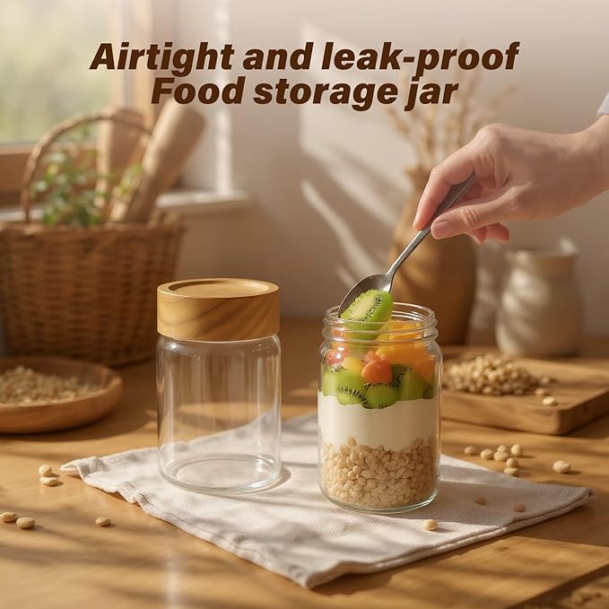 Zoaiirte 2pc Glass Mason Jars with Acacia Wood Airtight Lids - Overnight Oats & Food Storage Container Set, Clear Stackable Leakproof Kitchen Canisters for Meal Prep/Snack Organization/Spice Storage