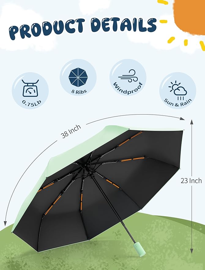 Yoobure Automatic Travel Umbrellas for Rain - Portable & Compact Umbrella for Backpack, Car, UV Umbrellas for Sun Protection, Windproof Folding Small Umbrella in Macaron for Kids, Women, Colorful