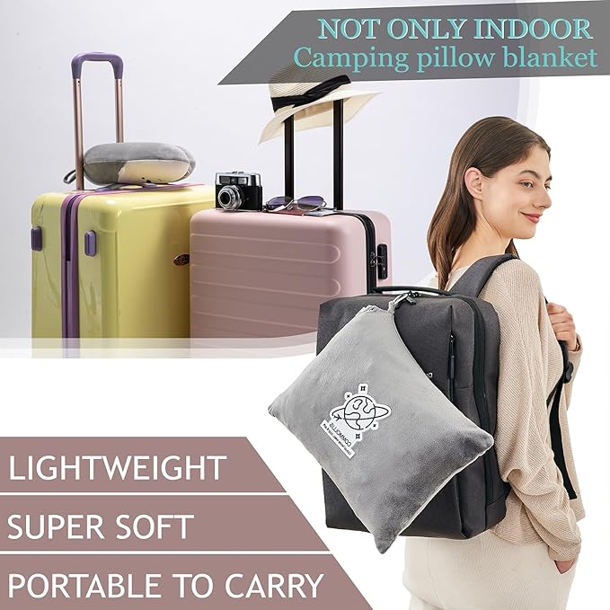 Commollis 2-in-1 Travel Blanket & Pillow for Airplane, Car, Train - Warm Compact Flight Blanket with Luggage Strap & Backpack Clip, Machine Washable, All-Season Use