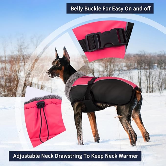 IECOii Extra Warm Dog Coat with Reflective Adjustable Fleece Turtleneck for Cold Weather in Small, Medium, Extra Large Sizes