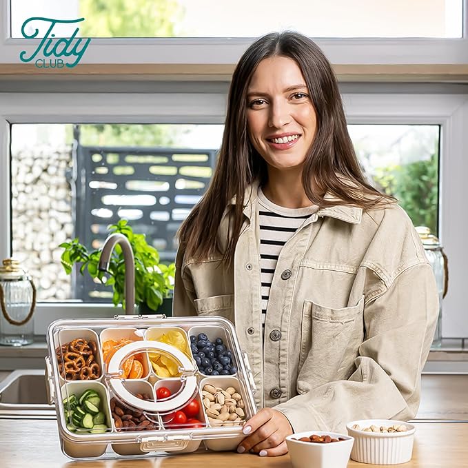 Dishwasher Safe Snackle Box Container 8 Compartments - Divided Serving Tray with Lid and Handle - Portable Snack Box BPA Free - Premium PCTG Plastic Snack Tray