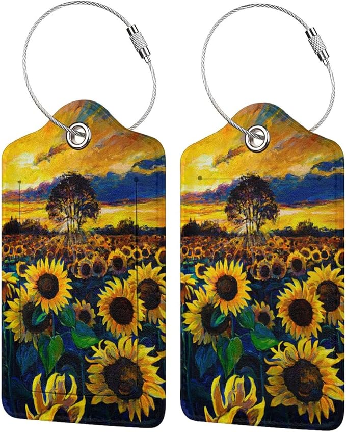 2-Pcs Beautiful Sunflower Leather Luggage Tags for Women Girls Suitcases, Art Yellow Floral Privacy Cover ID Label with Stainless Steel Loop and Address Card for Travel Bag Backpack