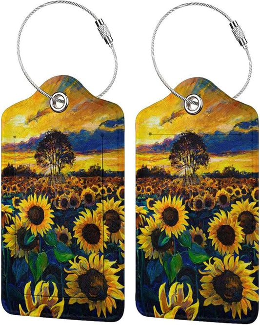 2-Pcs Beautiful Sunflower Leather Luggage Tags for Women Girls Suitcases, Art Yellow Floral Privacy Cover ID Label with Stainless Steel Loop and Address Card for Travel Bag Backpack