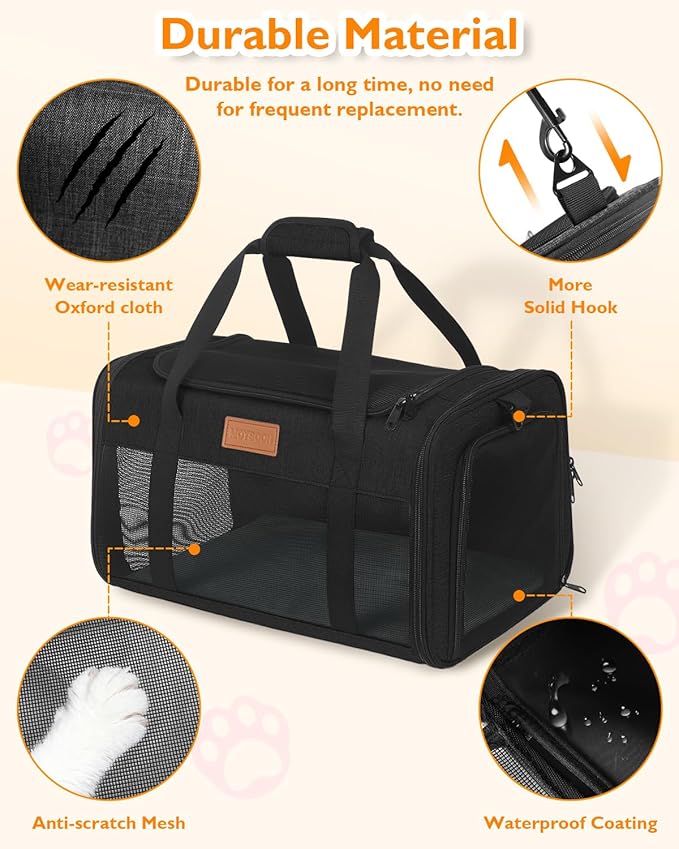 PETUX TSA Approved Pet Carrier in Cabin - 17"x11"x9.5", Underseat, Soft Sided Cat Carriers with Safety Zippers and Anti-Scratch Mesh for Small Cat up to 12 lb, Ideal for Travel and Vet Visit, Black