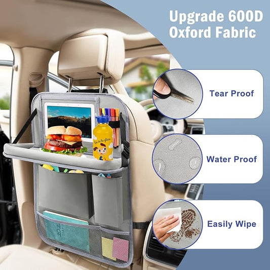2Pack Car Backseat Organizer with Foldable Table Tray,6 Storage Pockets Car Storage Organizer with Tablet Holder,Car Seat Back Protectors Kick Mats Travel Accessories (Grey)