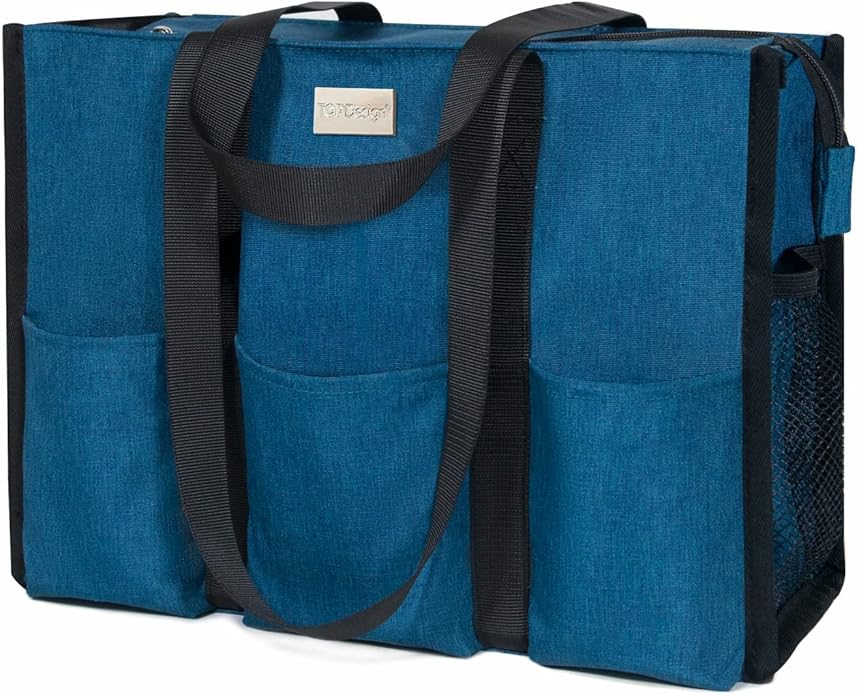 TOPDesign Utility Water Resistant Tote Bag with 13 Pockets, Top Zipper Closure & Thick Bottom Support, for Working Women
