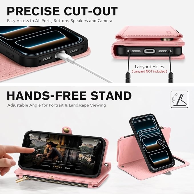 TUCCH Detachable Crossbody Wallet Case for iPhone 17 Pro Max 6.9", 10 Card Slots RFID Blocking | Stand | Lanyard Wrist Strap | Wireless Charging | Zipper Pocket | PU Leather Magnetic Cover | Rose Gold