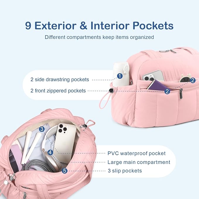 TOPDesign Travel Duffel Bag for Women, Puffer Gym Bag Sports Tote with Wet Pocket, Carry On Weekender with Luggage Sleeve (Baby Pink)