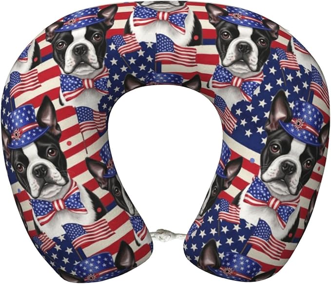 Memory Foam Airplane Pillow American Flag Boston Terrier for Car Chin Head Neck Supporting, U Shape Pillows Travel Cushion for Office, Nap Sleeping