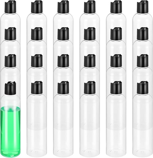 24 Pieces Plastic Empty Bottles Clear Squeeze Travel Containers with Black Disc Cap Refillable Shampoo Travel Bottles for Toiletries Lotion Container for Body Soap Cream(8 oz)