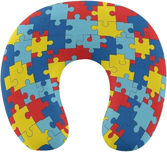 Lightweight Travel Neck Pillow Autism Awareness Puzzle Memory Foam U Shaped Cushion, Washable Removable Cover for Airplane Car Outdoor Rest