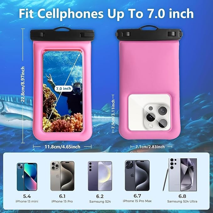 Floatable Waterproof Phone Pouch/Case with Crossbody Lanyard for iPhone 17 Series 16 Pro Max/15 Pro/14/13/12, IP68 Cellphone Dry Bag Beach Cruise Ship Essentials, 1 Pack-Pink-7″