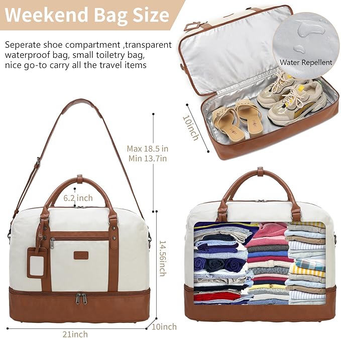Wogarl Weekender Bags for Women Large Canvas Overnight Bag Travel Duffel Bags Carry on Shoulder Weekend Bag with Shoe Compartment for Travel Night Flight Daily Use