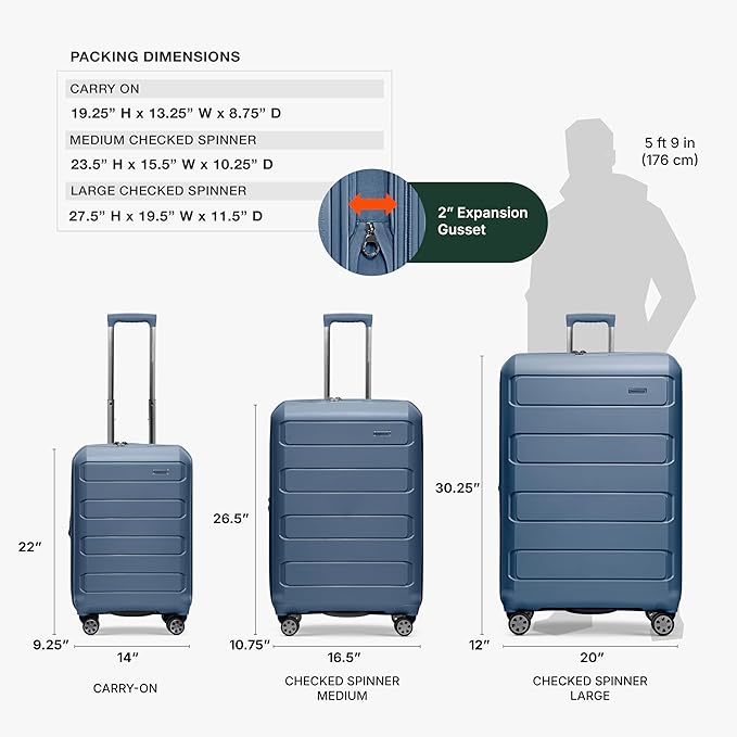 Traveler's Choice Pagosa Indestructible Hardshell Expandable Spinner Luggage, Slate Blue, 3-Piece Set (22/26/30)