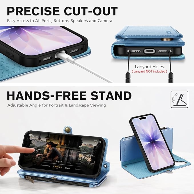 TUCCH Crossbody Detachable Wallet Case for iPhone 17 (6.3"), 9 Card Slots RFID Blocking | Wireless Charging | Wrist Strap Lanyard | Stand | Zipper Pocket | PU Leather Phone Cover | Pearly Light Blue