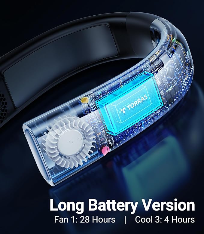 TORRAS COOLiFY 2S Neck Fans that Blow Cold Air [Limited Version], Neck Air Conditioner with Long Battery, Orange-blue-Change Neck Fan, Smart App Control Neck Fan Rechargeable, Black