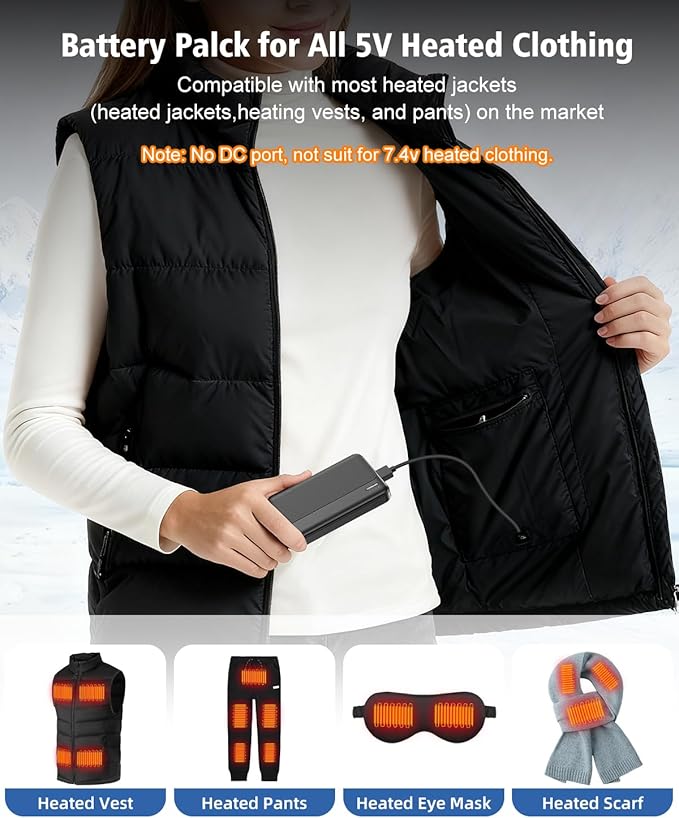 5V 2A Battery Pack Power Bank for Heated Vest, Heated Jackets, Heated Pants, 10000mAh Pocket Size Portable Charger for Heated Clothing, USB Heated Blankets, Heated Coats. (Black)
