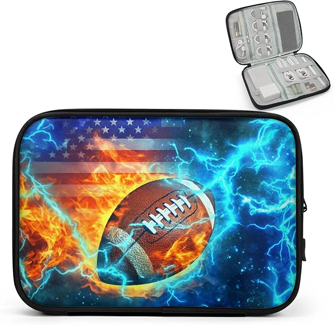 Football Fire Travel Cable Organizer Pouch American Flag Soccer Electronics Accessories Carry Case Portable Water Resistant Storage Bag for Cord Charger Phone Earphone SD Card