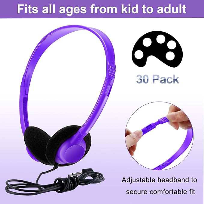 Yunsailing 30 Pack Bulk Headphones Set Over Ear Headphones with Adjustable Headband 3.5mm Plug Headsets Earphones for Learning Program, Computer Lab, Library, Testing & Multimedia Use (Purple)