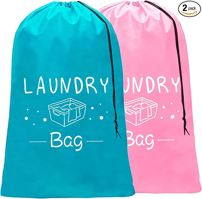 Sylfairy 2 Pack Extra Large Travel Laundry Bag, Dirty Clothes Organizer with Drawstring,Heavy Duty Travel Laundry Bags,Easy Fit a Laundry Hamper Travel Essentials (Pink+Blue, 24" x 36")