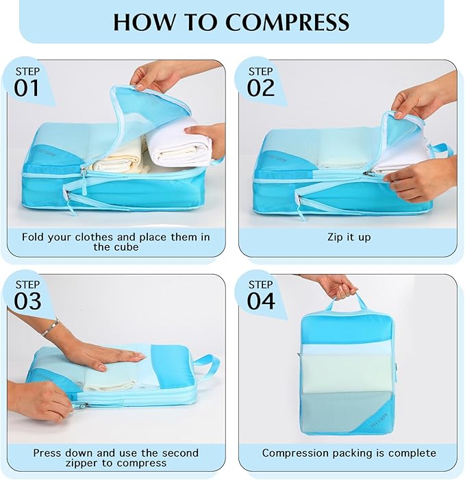 Lightweight Compression Packing Cubes for Suitcases, Compressible Expandable Travel Packing Organizer with Clear Toiletries and Backpack Bag, Travel Essentials for Carry on Luggage 7 Set