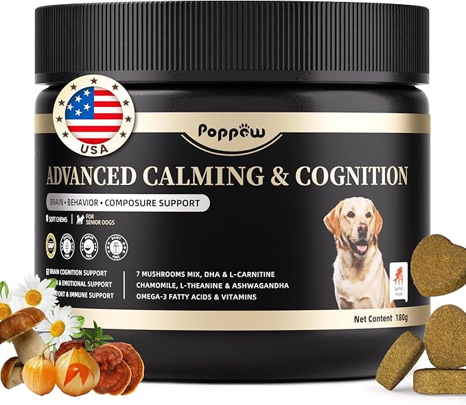 Advanced Calming Chews for Dogs-Brain & Composure Support with 7 Mushrooms, Ashwagandha, Omega-3 DHA & EPA, Anxiety Relief Dog Calming Treat, ll Breeds & Sizes Puppy, Salmon Flavor, 90Ct
