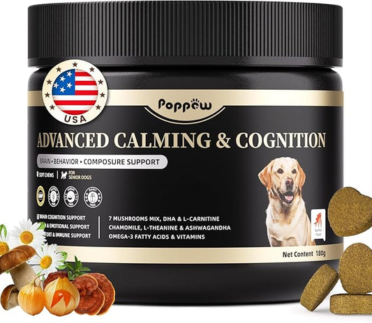 Advanced Calming Chews for Dogs-Brain & Composure Support with 7 Mushrooms, Ashwagandha, Omega-3 DHA & EPA, Anxiety Relief Dog Calming Treat, ll Breeds & Sizes Puppy, Salmon Flavor, 90Ct