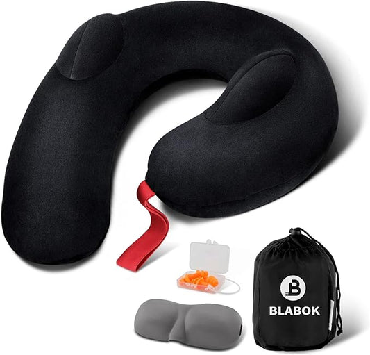 Patented Design Inflatable Travel Neck Pillow – Airplane Neck Pillow with 360° Head & Neck Support, Soft Washable Velvet Cover, Compact Neck Support Pillow for Airplane,Train,Car,Office & Home (Black)