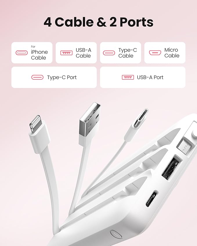 Portable Charger Compatible with iPhone 17, 10000mAh Slim Power Bank with Built-in Cables, External Battery Pack 5 Outputs 2 Inputs LED Display Compatible with iPhone/Android & More (White)