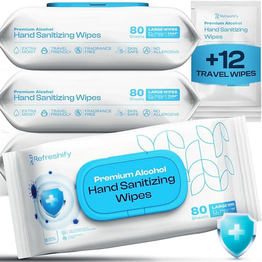 Large Alcohol Wipes 75% Unscented Hand Sanitizing Wipes (320 count +12 travel wipes) Alcohol Wipes for Travel Home and Classroom - Resealable Pack