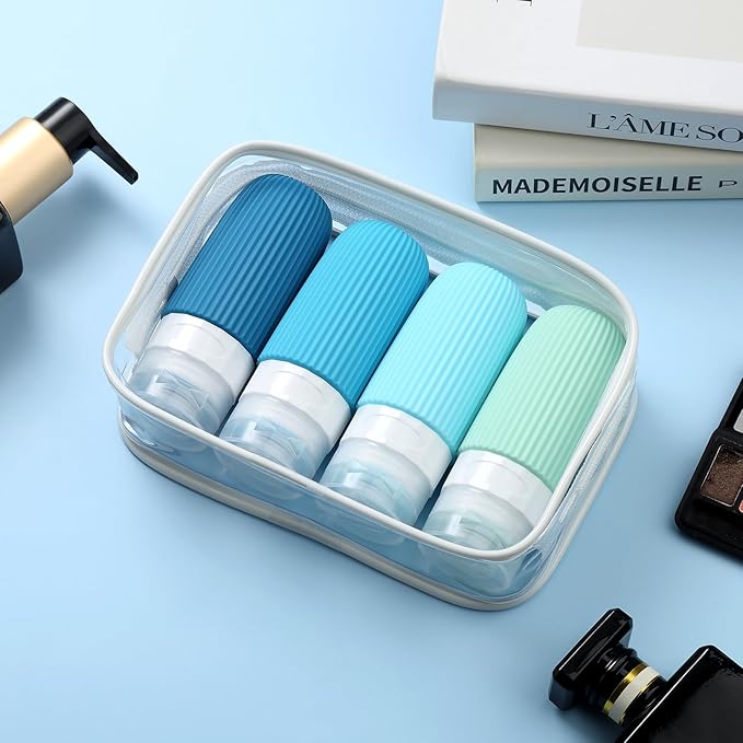 Travel Bottles for Toiletries, Tsa Approved 2oz Travel Bottles, BPA Free Leak Proof Travel Size Toiletry Containers, Refillable Travel Accessories with Toiletry Bag for Shampoo Liquid (4 Pack)