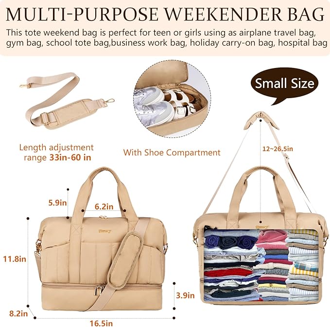 Weekender Bag, Large Travel Duffel Bag for Women, Carry on Overnight Bag with Shoe Compartment and Toiletry Bags