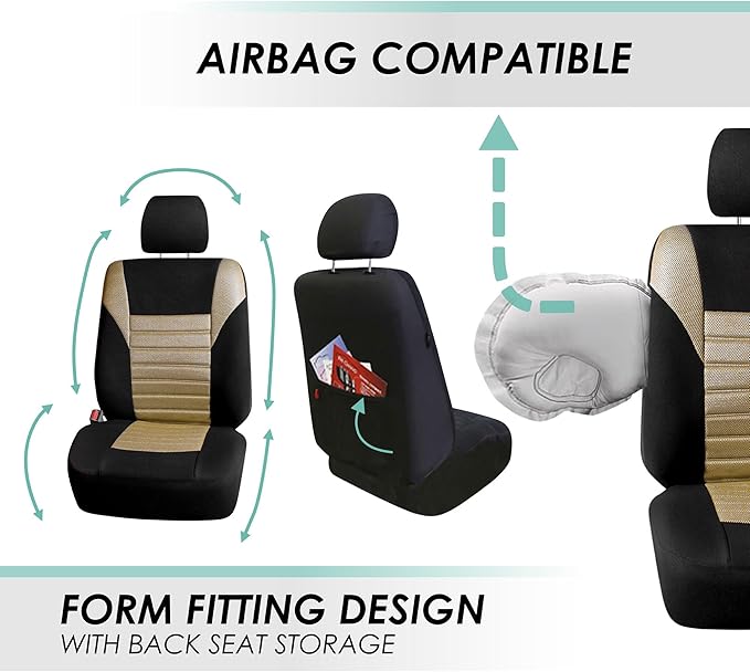 FH Group Automotive Car Seat Covers Full Set Premium 3D Air Mesh Front Seat Covers, Airbag Compatible & Split Bench Cover Universal Fit Interior Accessories for Cars Trucks and SUVs - Beige