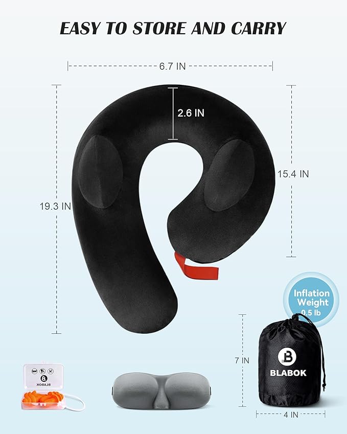 Patented Design Inflatable Travel Neck Pillow – Airplane Neck Pillow with 360° Head & Neck Support, Soft Washable Velvet Cover, Compact Neck Support Pillow for Airplane,Train,Car,Office & Home (Black)