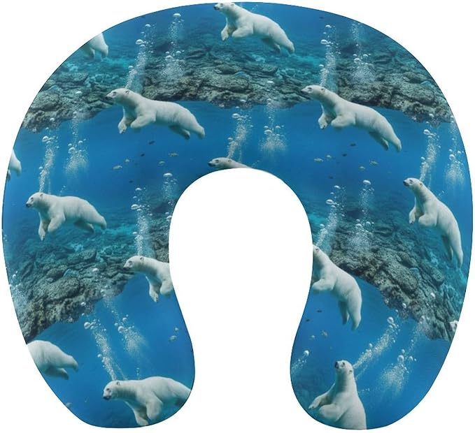 Youth Travel Neck Pillow Soft Memory Foam Chin Support Polar Bears, Washable Cover for Boys Girls Airplane Car School Rest