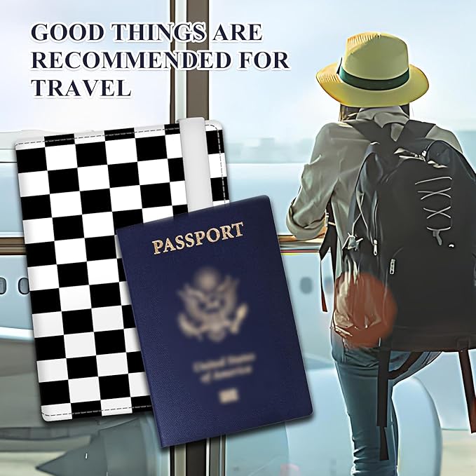 Passport Holder for Travel Essentials, RFID Premium Leather Passport Wallet Cover Case for Travel Must Haves Accessories, Passport Book Holders for Women Men Black White Checkered