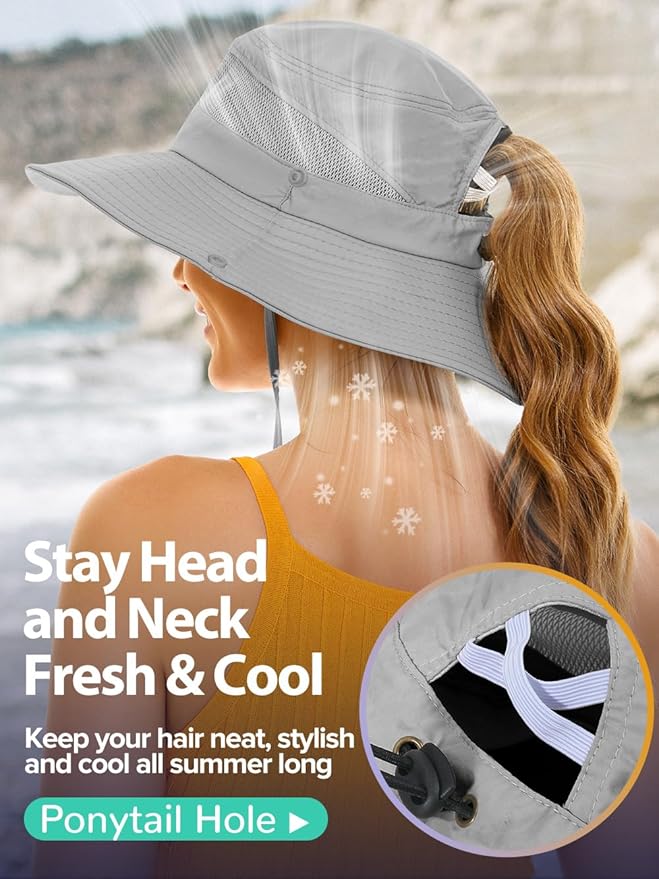 Sun Bucket Beach Hats for Women with Ponytail Hole,Sun Protection UV UPF50+ Waterproof Fishing Safari Hiking Hat