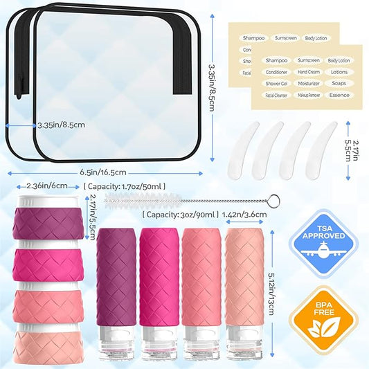 16 Pack Travel Bottles for Toiletries, TSA Approved Travel Size Toiletries Containers Set BPA-Free Silicone Leak Proof Refillable Bottles Stackable Creams Jars Accessories Kit W/Clear Bag Purplish Red