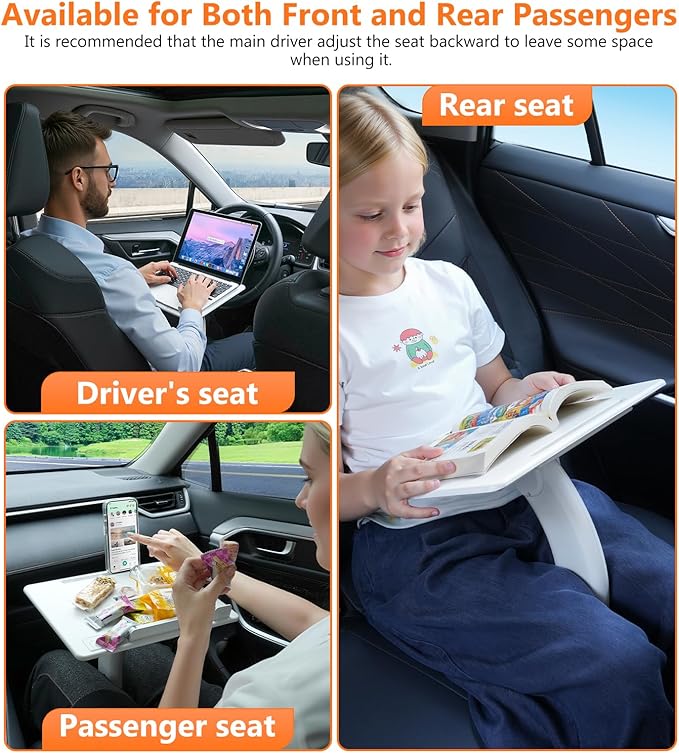 DICMKY Car Seat Tray Table, Adjustable Travel Tray for Kids/Adults, Car Lap Desk for Laptop Computer Tablet Book, Front Passenger/Rear/Driver Seat Food Eating, Essentials Accessories for Long Trips
