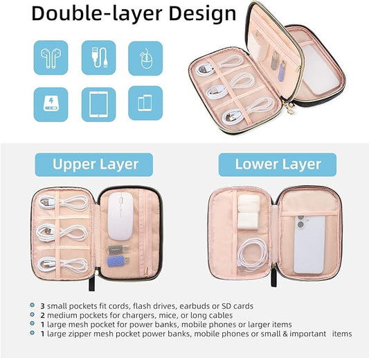 Electronics Organizer Travel Case, Charger Bag Cord Organizer Travel, Compact Tech Pouch Cable Organizer Bag for Charger, Cords, Phone, Headphones, Flash Drive, SD Card(Black, Small-Double Layer)