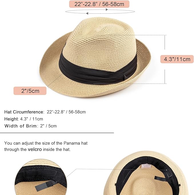 DRESHOW Women Straw Panama Hat Travel Fedora Beach Sun Hat Summer Wide Brim Straw Roll up Hat UPF 50+