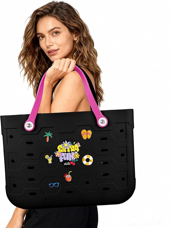 2-Piece Tote Bag Set, Waterproof Rubber Beach Bag with Summer Pattern, Medium & Large Handbag for Pool, Beach, Boat