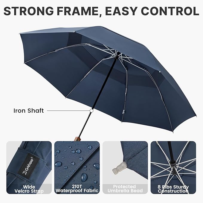 G4Free 54 Inch Inverted Windproof Umbrella with Wooden Handle, Large Double Canopy Auto Open & Close Golf Umbrella, Portable & Durable Rain Umbrella, Fits Car & Backpack