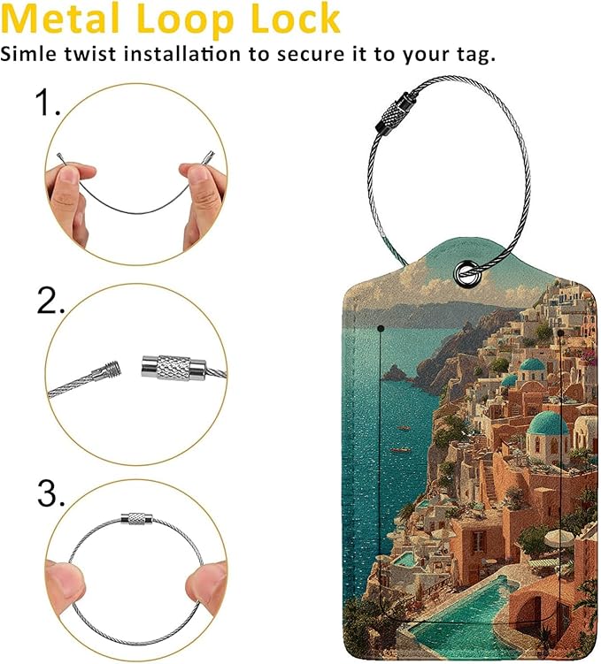 Greek Island Sunset Landscape Luggage Tag 3 Pack Travel Cruise Luggage Tags for Suitcases, Identifiers Bag Tags with Privacy Flap, Baggage Name Tag for Women Men Luggage Backpack Handbag School Bag