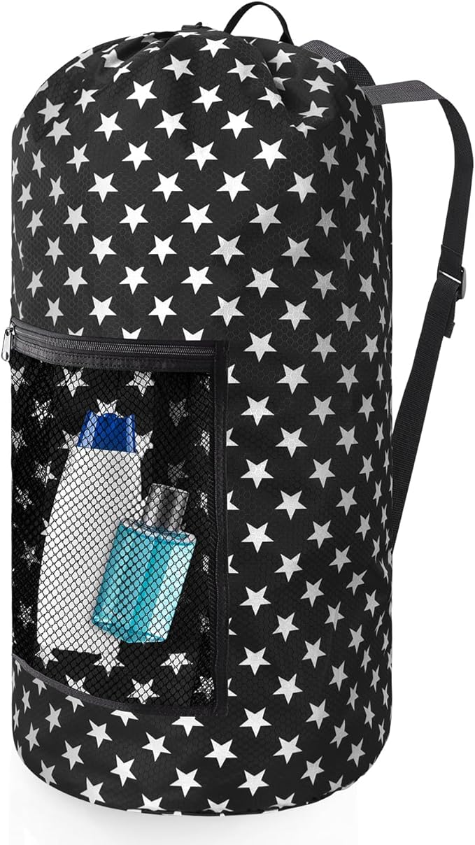 Portable Laundry Bag Backpack with Adjustable Straps & Mesh Pocket - Drawstring Closure for College, Apartment, Camping (Star Shape)