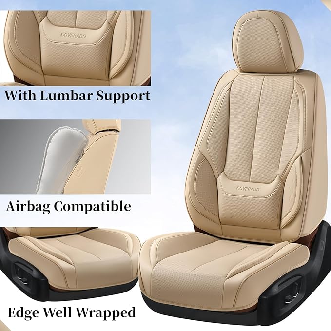 Coverado Seat Covers, Car Seat Covers Front Seats, Car Seat Cover, Car Seat Protector Waterproof, Car Seat Cushion Nappa Leather, Beige Seat Covers Carseat Cover Universal Fit for Most Cars
